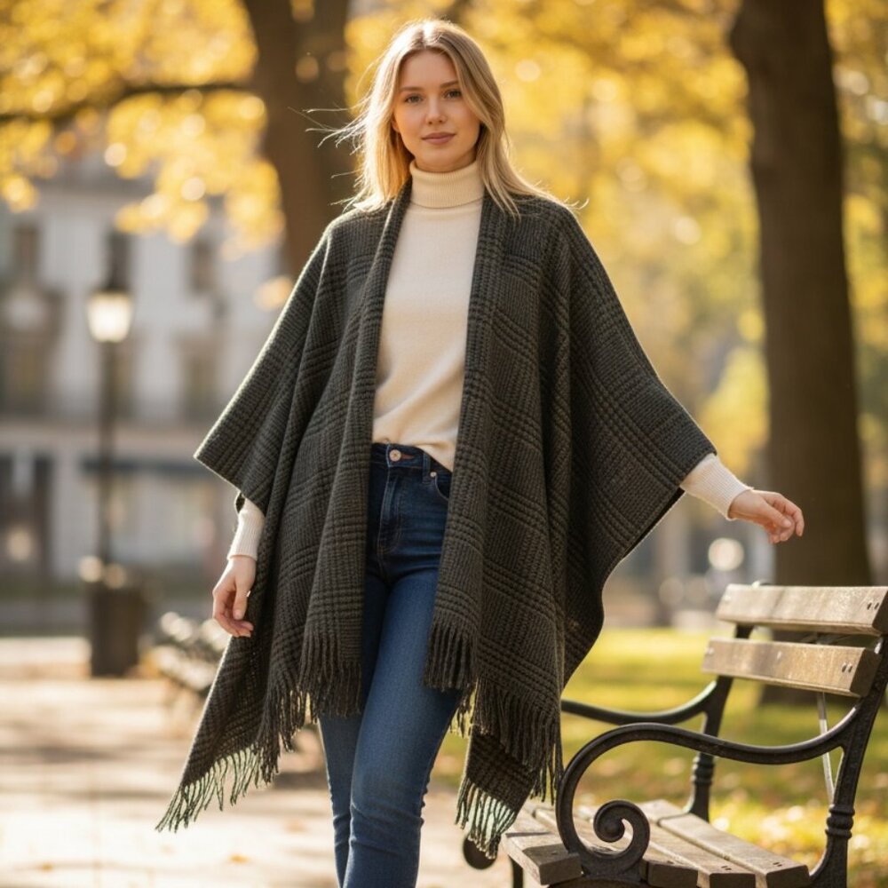 Preston and York Wool Poncho Black and Grey O/S